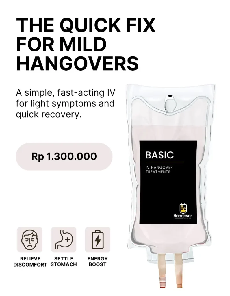 Basic hangover IV package — “The quick fix for mild hangovers”. A simple, fast-acting IV for light symptoms and quick recovery. Price Rp 1.300.000. Benefits: Relieve Discomfort; Settle Stomach; Energy Boost.